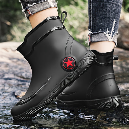 Men's Slip-On Rubber Rain Boots with Thick Sole - Mid-Calf