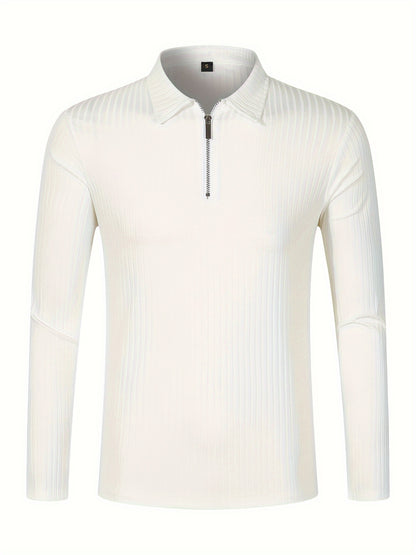 Men's Casual Sports Ribbed Long Sleeve Zipper Lapel Golf Shirt, Spring And Fall
