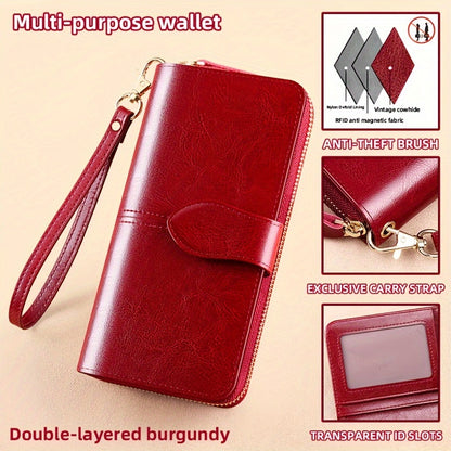 Two-Layer Cowhide Leather Clutch Wallet for Men & Women, Casual Large Capacity RFID Blocking Zippered Hand Purse with Transparent ID Slot and Anti-Theft Brush, Versatile for Going Out