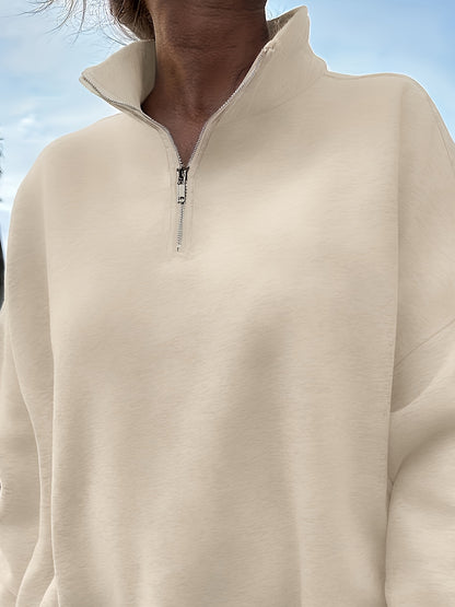 Women's Casual Heather Gray Half-Zip Sweatshirt - Soft Polyester & Elastane Blend, Long Sleeve, Stand Collar, Machine Washable - Perfect for Spring/Fall