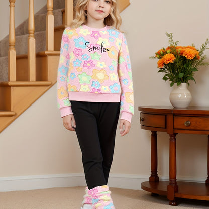 Աղջիկների աշնանային և ձմեռային նորաձև տաք հավաքածու «Ժպիտ» ասեղնագործությամբ, գունագեղ ծաղկային ապլիկացիայով բրդյա բաճկոնով և լայնածավալ տաբատով, իդեալական է բացօթյա օգտագործման համար