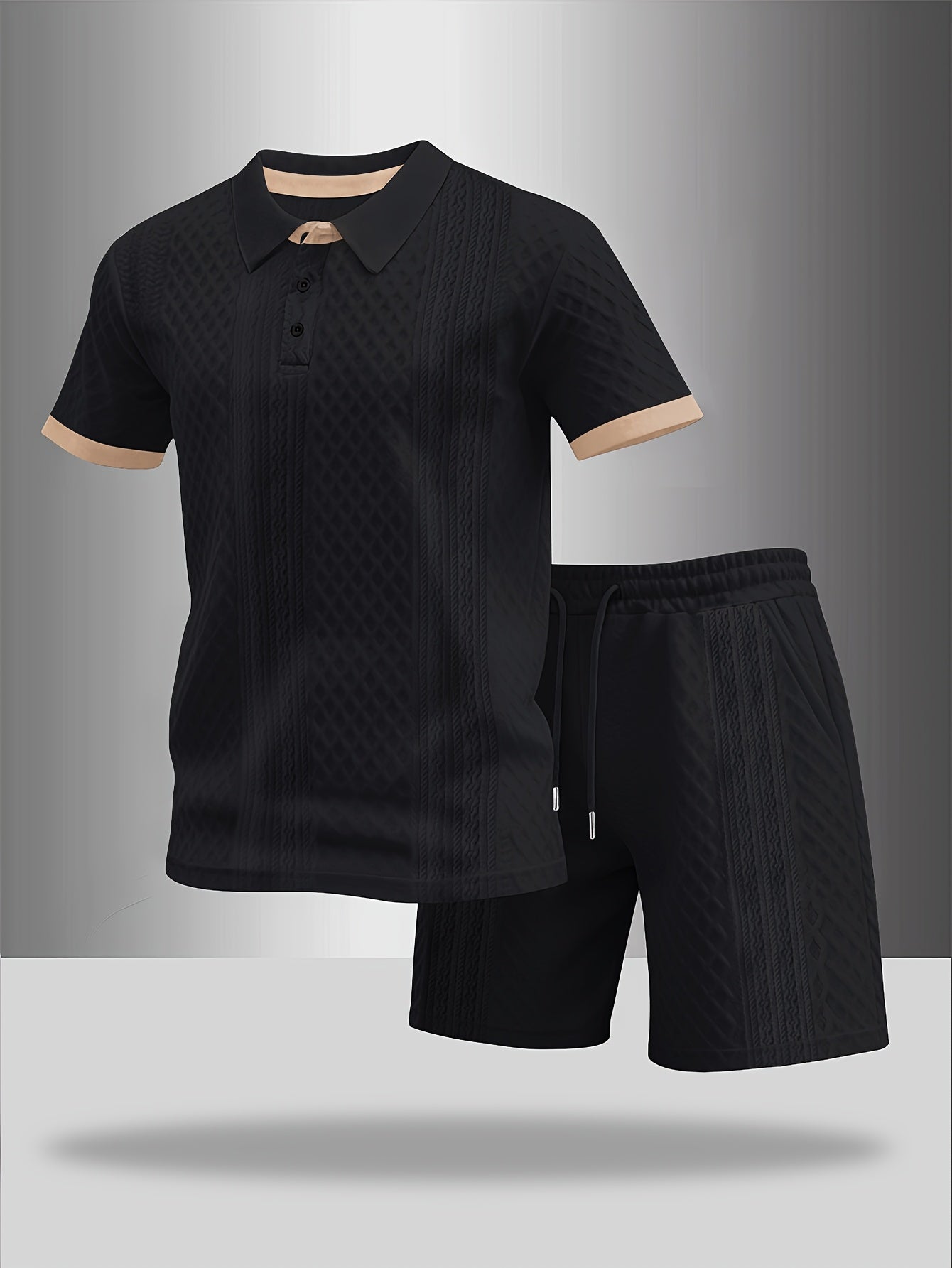 Men's Summer Casual Polo Shirt & Shorts Set with Geometric Print