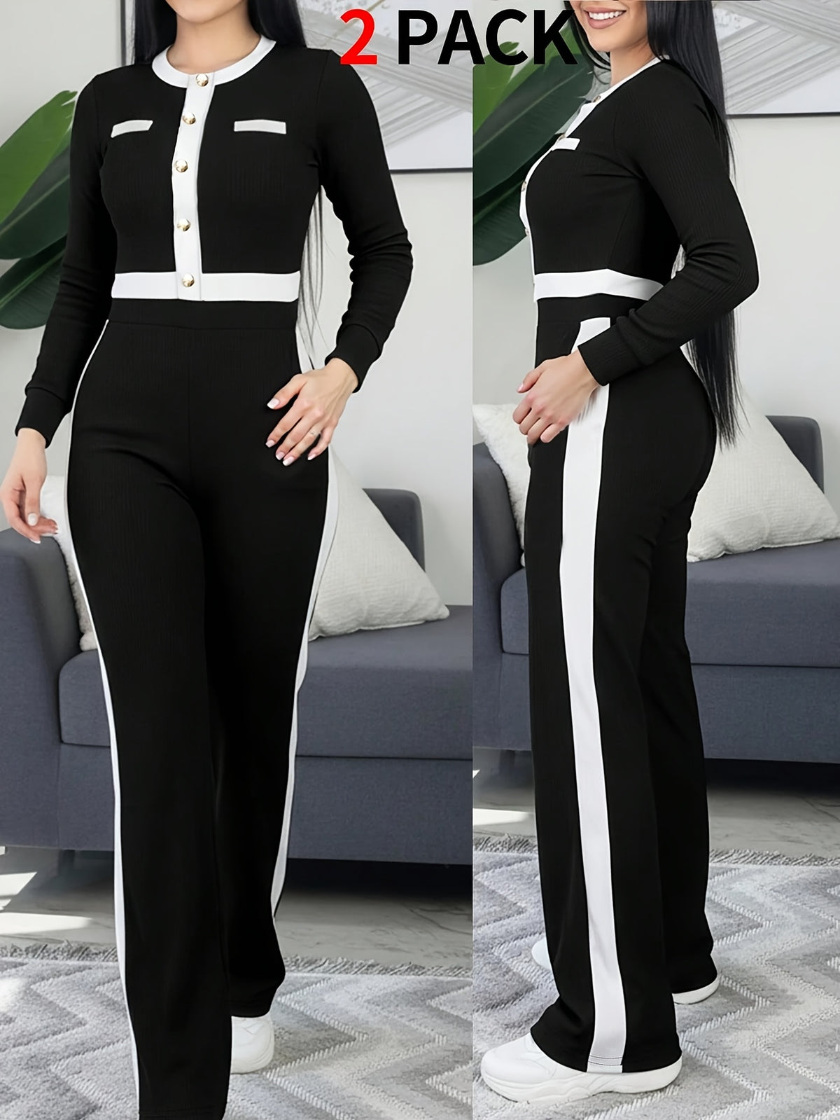 Women's Autumn/Winter Elegant Striped Patchwork 2-Piece Set
