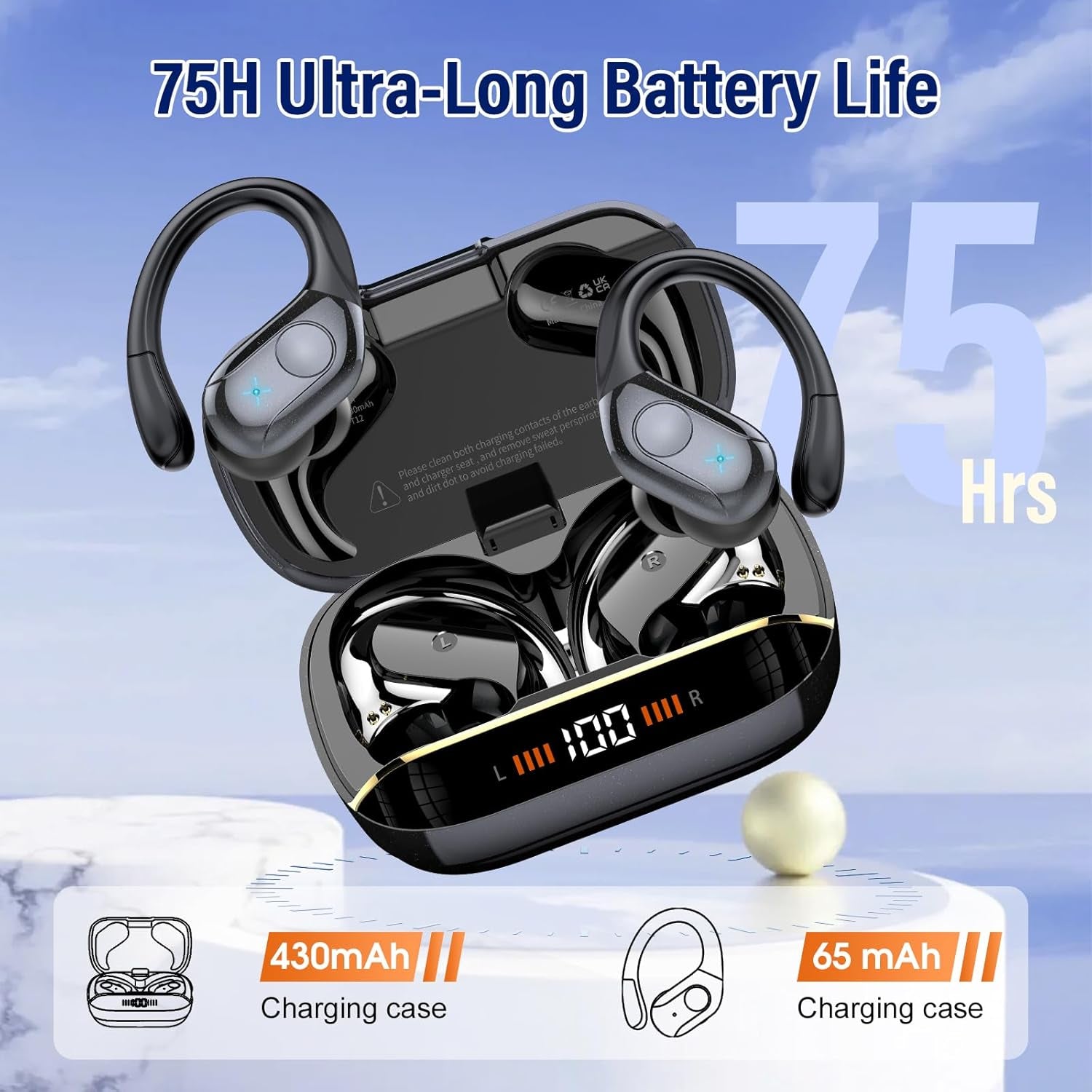 Wireless Earbuds Bluetooth 5.4 Headphones 75H Playtime Stereo Deep Bass Sports Ear Buds with Earhooks, LED Display Bluetooth Earbuds with 4 ENC Mic, IP7 Waterproof Earphone for Workout/Running, Black
