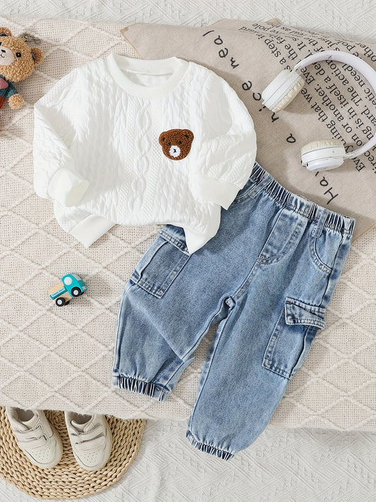 Cute Baby Boy Fall Set: Bear Sweatshirt & Denim Jogger Pants