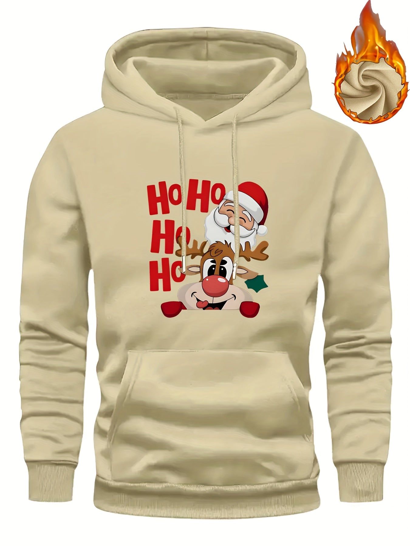 Men's Christmas Hooded Sweatshirt with Rudolph & Santa Print - Thickened Winter Pullover Hoodie, Warm Long Sleeve Casual Sweater for Skiing, Parties, Team Events - Machine Washable (Couple Matching, Unisex Style)