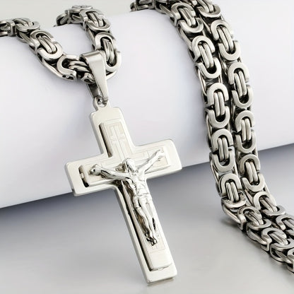 Men's Stainless Steel Fashion Pendant Three-Layer Cross with U-Shaped Handmade Flat Necklace in Steel Color