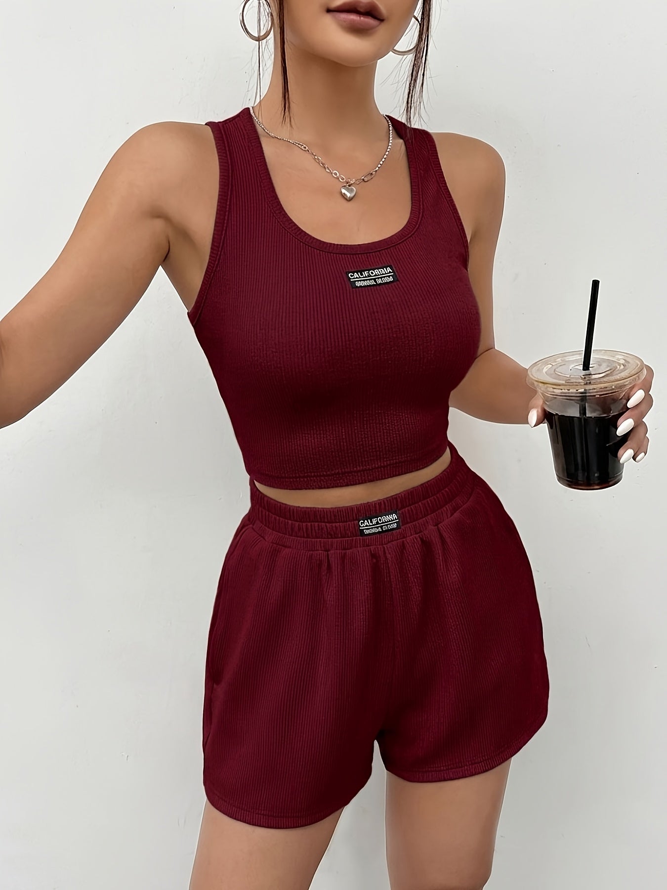 Women's Summer Ribbed Tank Top and Shorts Set - Slim Fit Sportswear