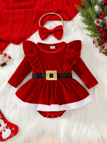 2 հատ ոսկեգույն թավշյա, ծածանվող թևքերով, ժանյակավոր գոտիով զարդարված երկար թևքերով բոդի՝ փափուկ կիսաշրջազգեստով + ժապավենաձև գլխաշորով, աշնանային և ձմեռային Սուրբ Ծննդյան գեղեցիկ երեկույթի հանդերձանք, բացօթյա օգտագործման համար