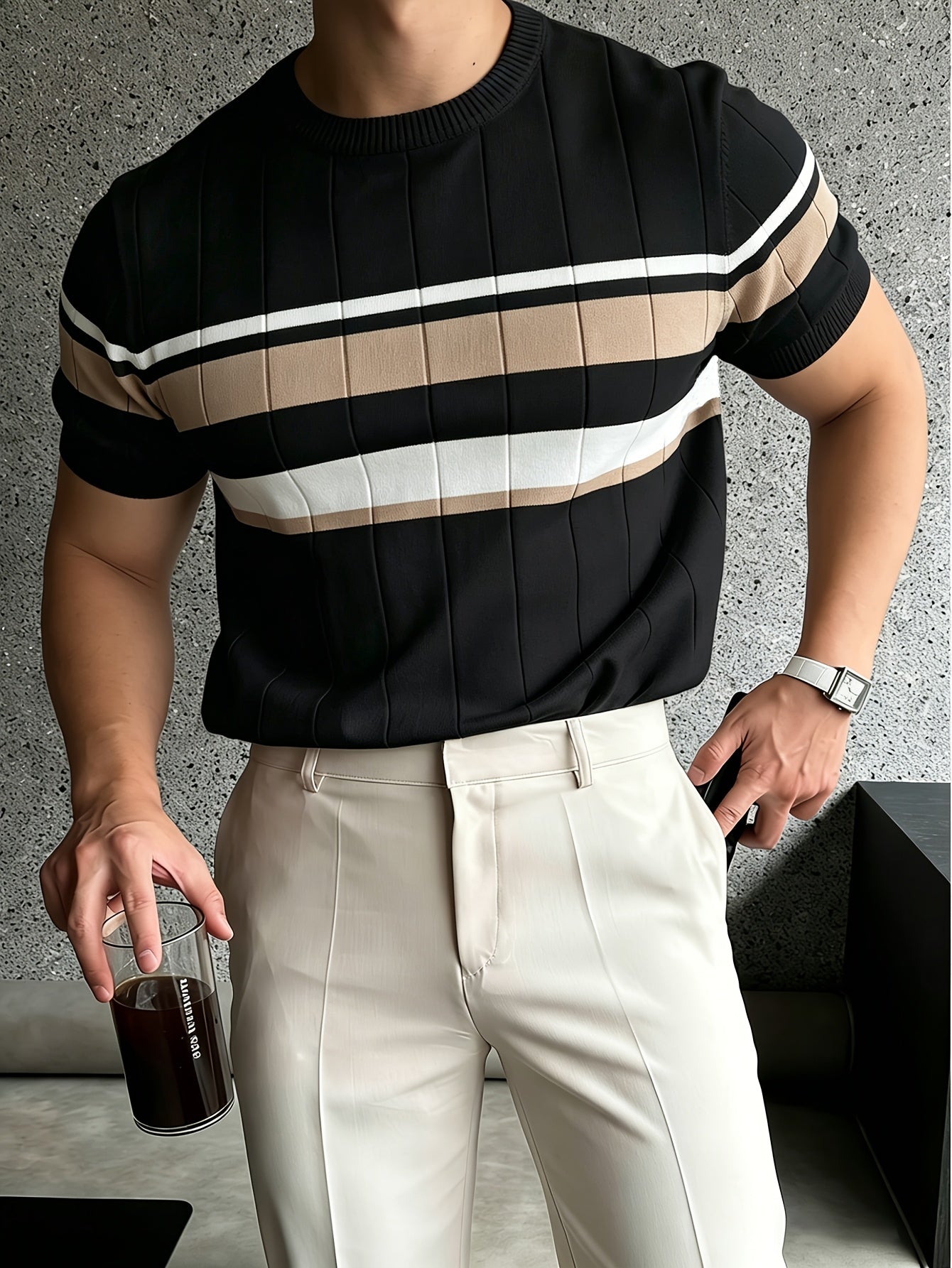 Men's Color Block Knit Pullover Short Sleeve Crew Neck