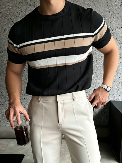 Men's Color Block Knit Pullover Short Sleeve Crew Neck