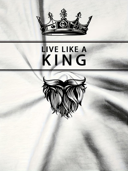 Men's 3D Digital Print T-Shirt with Crown  "LIVE LIKE A KING" Slogan - Casual Round Neck Regular Fit Machine Washable Graphic Tee for Casual Attire, Streetwear Fashion, Bold Statement Shirt, Durable Fabric Shirt