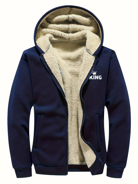 Առօրյա գլխարկով բրդյա բաճկոն «KING» նախշով, կայծակաճարմանդով, երկար թևքերով, սովորական չափսի, աշուն/ձմեռ բացօթյա սպորտաձևերի համար նախատեսված վերարկու, առօրյա վերարկու, դեռահասի համար, դեռահասի համար, դեռահասի համար