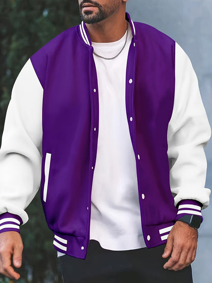 [Bold Design] Men's Stylish Black & White Varsity Jacket - Casual Baseball Coat with Pockets, Button-Up Front, Long Sleeve, Polyester Blend, Perfect for Fall & Winter, Casual Sportswear | Casual Fashion Jacket | Cotton Comfor