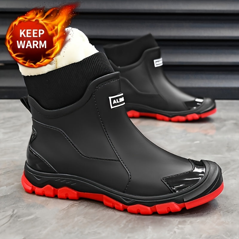 Men's Winter Plush-Lined Short Slip-On Rain Boots, Warm & Durable