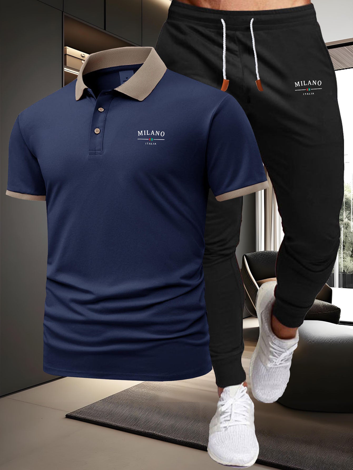 A Two-Piece Casual Sports Outfit Featuring a Short-Sleeved T-Shirt with a Logo And Waist-Cinching Pants, Ideal for Spring And Summer Wear. - ayq