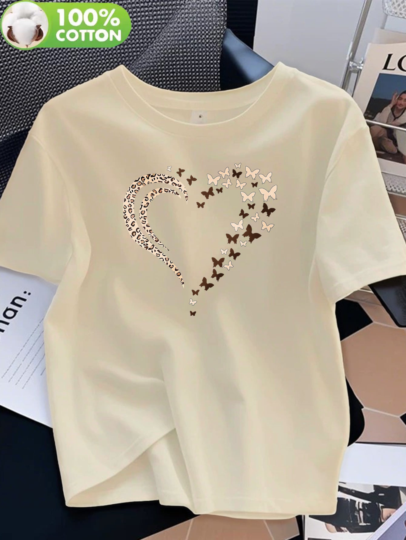 Women's Casual Cotton T-Shirt with Heart Butterfly Applique