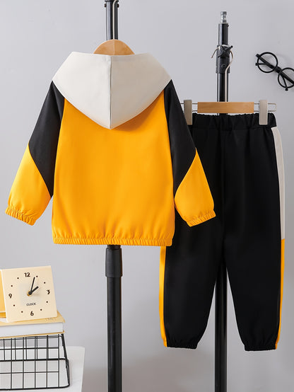 Boys' Casual Color-Block Hooded Jacket and Pants Set