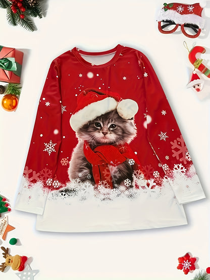 Women's Elegant Christmas Cat & Snowflake Print Long Sleeve T-Shirt Top - Red & White Cozy Sweater-like Design, Round Neck, Medium Stretch, Machine Washable Winter Holiday Party Outfit (No-Sleeve Style) - Autumn/Winter Fashio