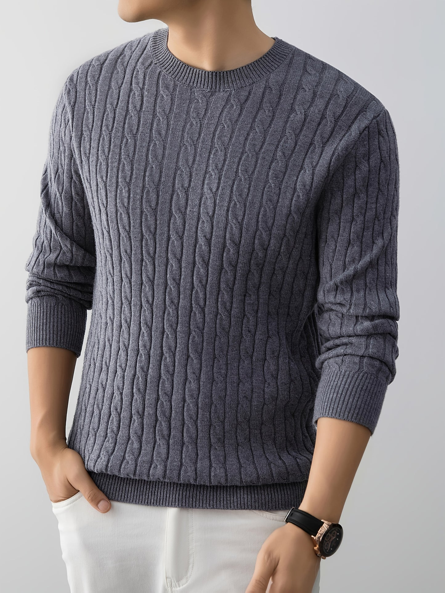 Men's Thick Winter Knit Sweater - High-Elastic Breathable Round Neck Pullover with Cross-Over Collar & Asymmetric Hem, Warm Casual Sweater for Fall/Winter, Machine Washable (Suitable for Daily Wear, Parties, Skiing) - Non- So