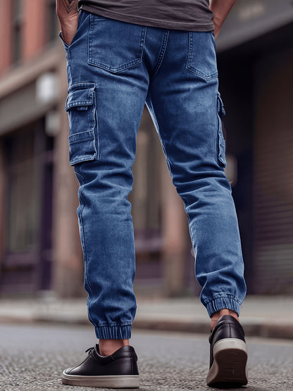 Men's Slim Fit Denim Cargo Pants with Elastic Waistband