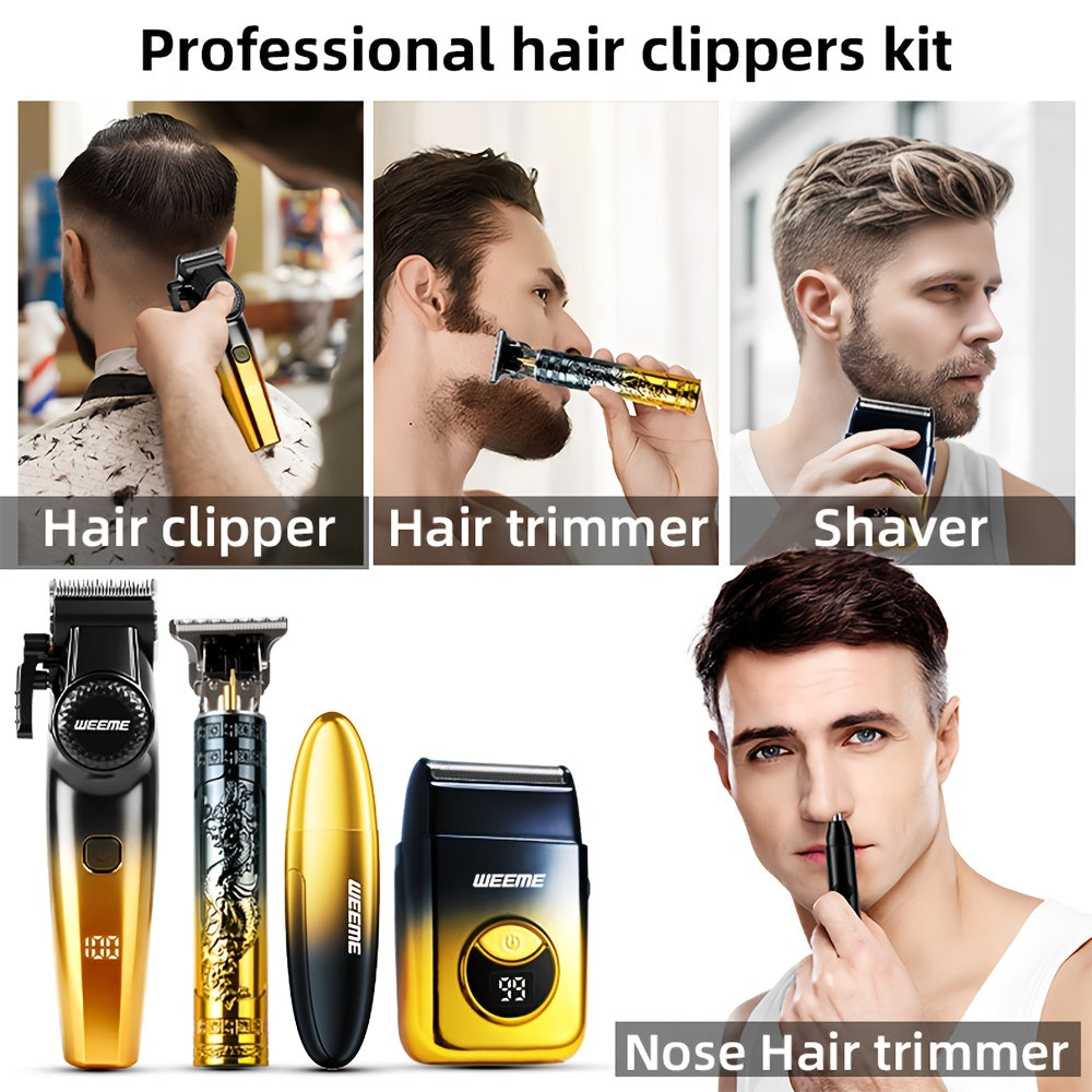 WEEME 4pcs Hair Clipper for Men Set, Cordless Electric Hair Clipper, T-Shaped Beard Trimmer & Nose Hair Trimmer, Electric Shaver, Professional Haircutting and Beauty Kit for Men Grooming, Home Barber Use, Precision Styling To