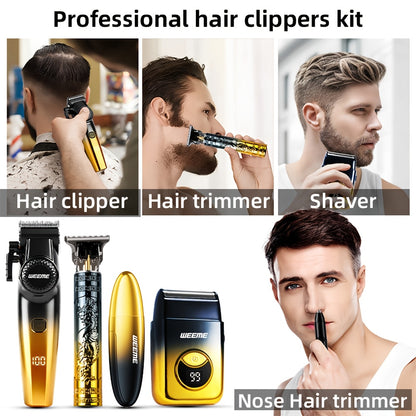 WEEME 4pcs Hair Clipper for Men Set, Cordless Electric Hair Clipper, T-Shaped Beard Trimmer & Nose Hair Trimmer, Electric Shaver, Professional Haircutting and Beauty Kit for Men Grooming, Home Barber Use, Precision Styling To