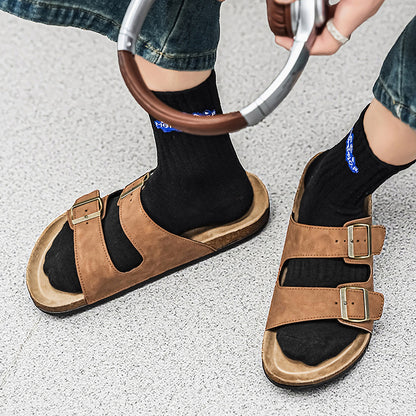 Men's Casual Outdoor Slip-On Sandals with Cork Sole and Double Buckles
