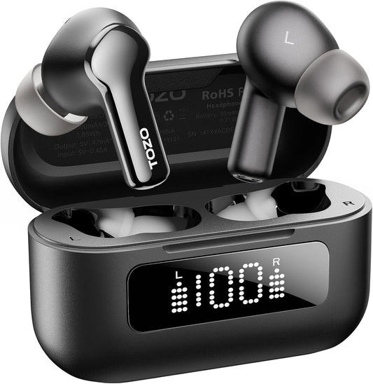TOZO Hybrid Active Noise Cancelling Wireless Earbuds with 6 Mics AI Clear Call Ear Buds 55H Playtime with LED Display 32 Preset Eqs via APP Bluetooth 5.3 IPX8 Waterproof in Ear Headphones