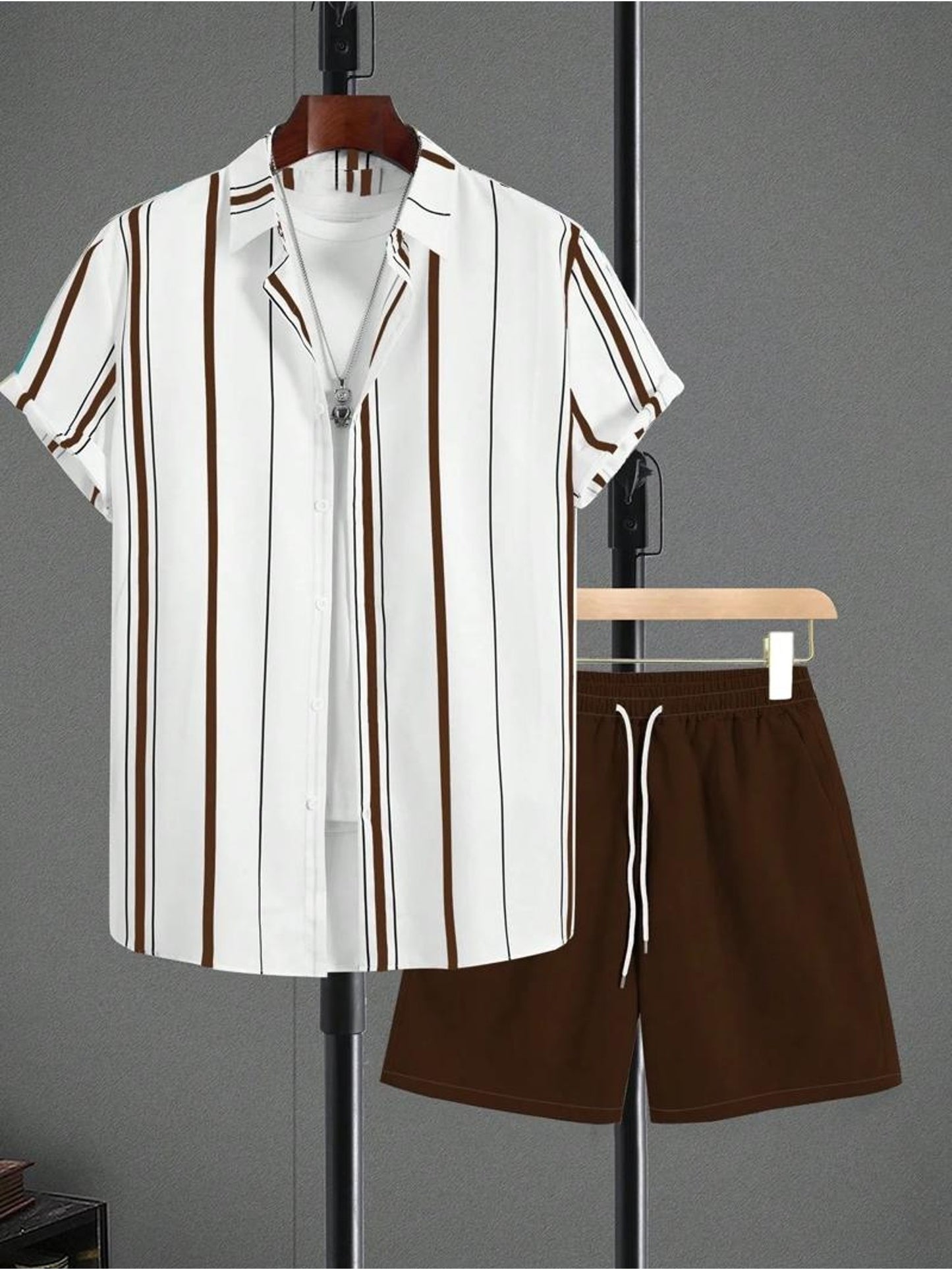 Men's Casual Summer Set - Striped Short-Sleeve Shirt & Shorts