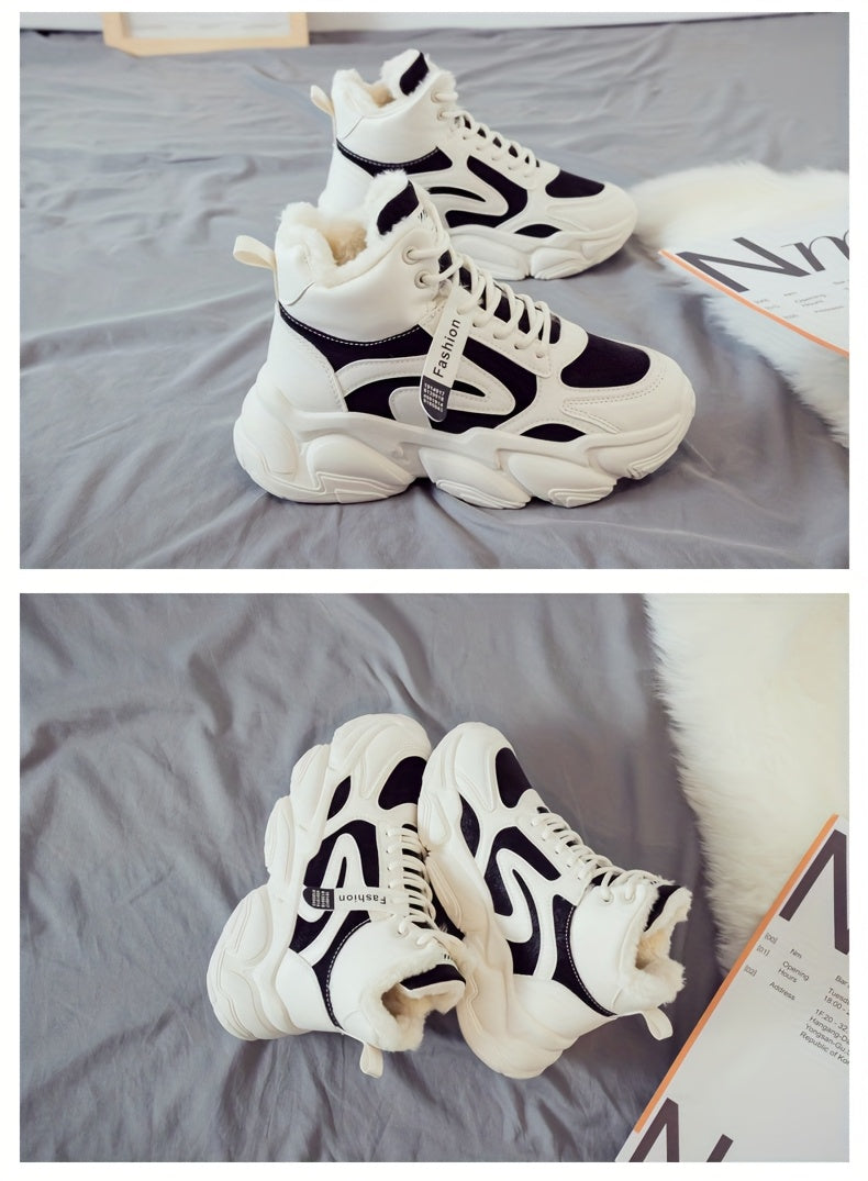 Women's Plush Fleece-Lined High-Top Sneakers - Thick-Soled Winter Warm Lace-Up Shoes with PU Upper & Cushioned PVC Sole, White/Black/Grey Chunky Dad Shoes (Cozy Round Toe) - Instagram Trendy Winter Footwear by I Trend