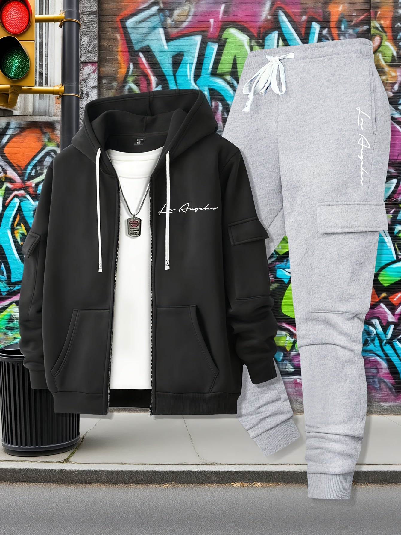 Men's Casual Zip Hoodie and Loose Cargo Pants Set - Breathable Polyest