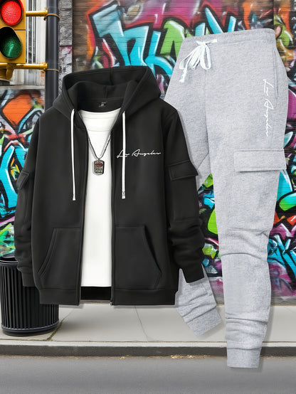 Men's Casual Zip Hoodie and Loose Cargo Pants Set - Breathable Polyest