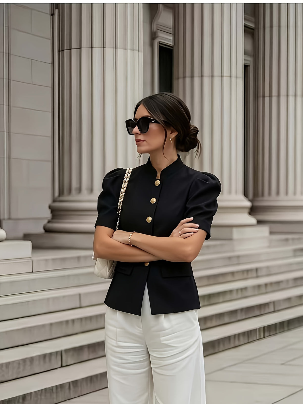Elegant Women's Solid Color Puff Sleeve Short Jacket - ayq