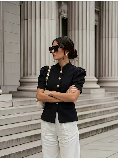 Elegant Women's Solid Color Puff Sleeve Short Jacket - ayq