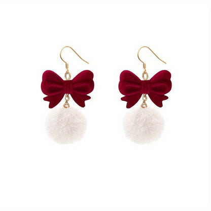 Copper Earrings Elegant Cute Red Flocking Bow White Furry Ball Design Dangle, for Winter, Christmas, Party, Gift-giving Occasion, Women
