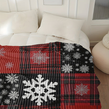 1pc Sdoo New Year Snowflake Red & Black Plaid 2D Printed Milk Fleece Blanket - Soft Warm All-Season Throw for Bed, Sofa, Office, Travel, Hiking, Fishing - Machine Washable, Versatile Gift for Home & Outdoor Use, Cozy Home Acc