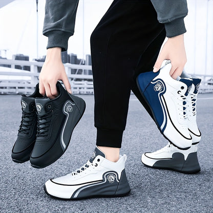 Men'S Lightweight Breathable Running Shoes - Classic Low-Top Design with Thick Cushioned Sole, White  Navy Blue Striped  Graphic Pattern, Lace-Up Closure for Hiking, Casual  Outdoor Wear - Spring/Fall Fashion Sneakers, Hik