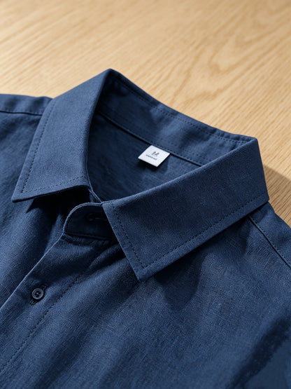 Men's Casual Button-Up Shirt, Cotton-Linen Blend, Short Sleeve