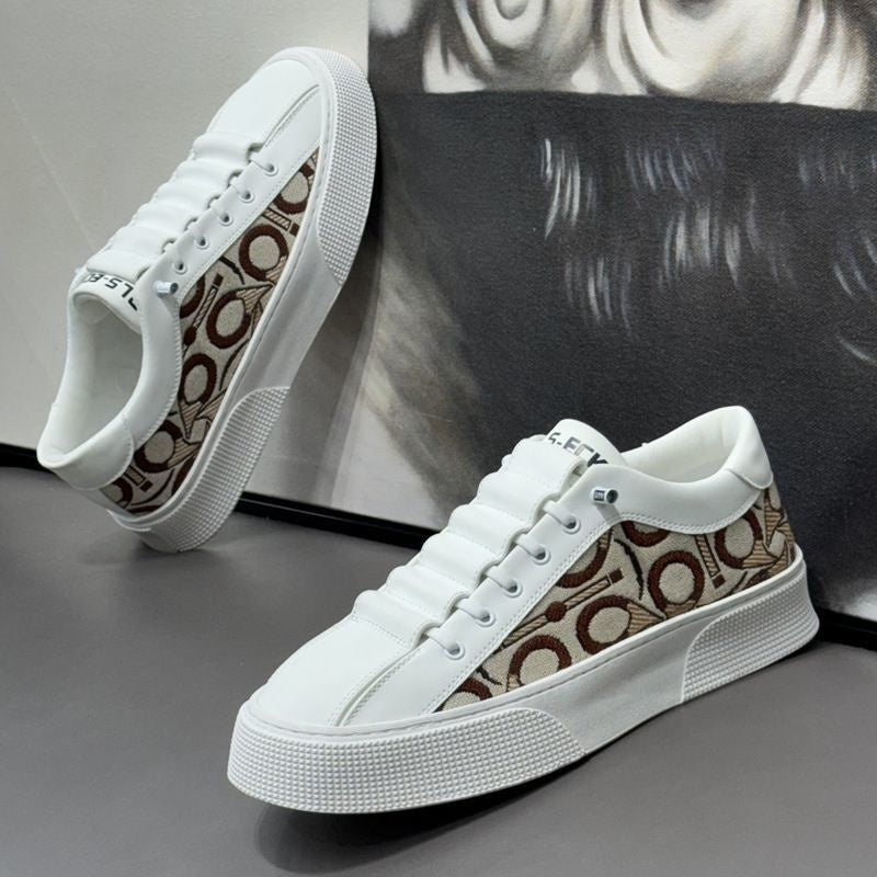 2025 New Men's Spring Slip-On White Sneakers, Breathable Casual Shoes with Embroidered Print, Trendy Footwear - ayq