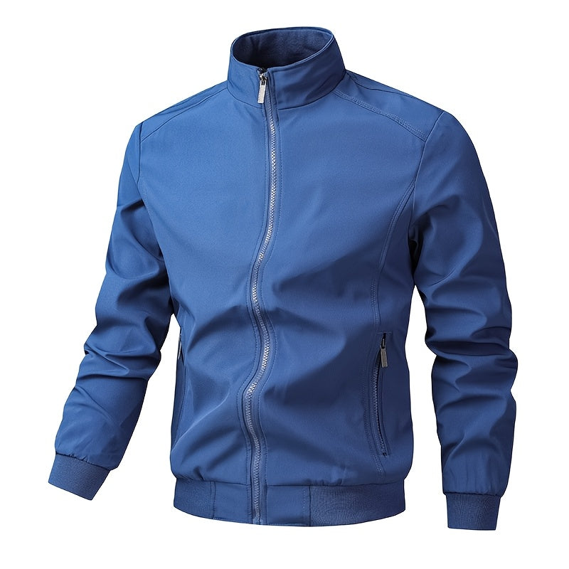 Men's Casual Royal Blue Bomber Jacket - Full Zip, Loose Fit, Polyester, Stand Collar, Long Sleeve, Lightweight & Durable for Spring and Fall, Casual Outerwear | Ribbed Cuff Sleeves | Durable Outerwear