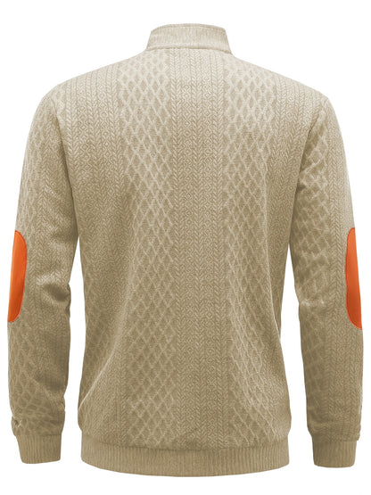 Men's Beige & Orange Contrast Full-Zip Jacket - Winter Warmth Loose-Fit Tailored Coat with Stand Collar, Zippered Pockets & Full-Zip Closure, Machine Washable Casual Outerwear for Men (Beige/Orange) - Ideal for Fall and Winte