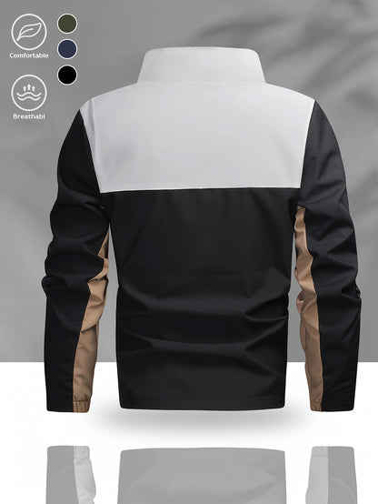 Men's Casual Color Block Stand Collar Jacket for Spring-Fall