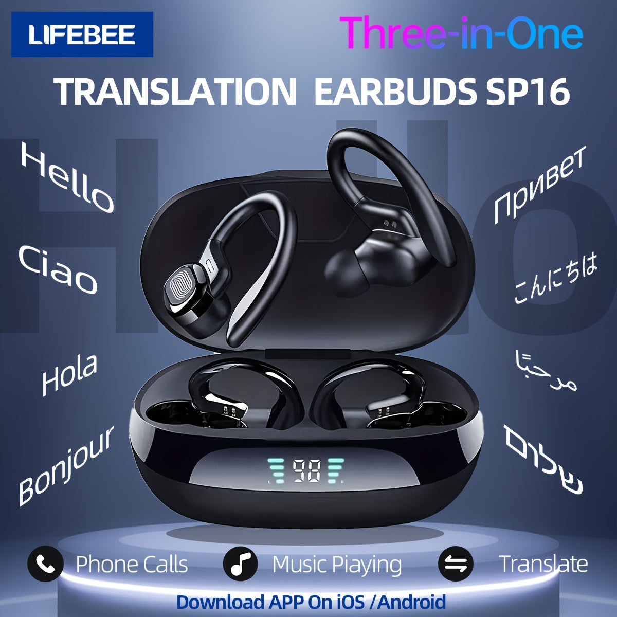 LIFEBEE Real-Time Multi-Language Translation TWS Sports Earbuds, True Wireless Ear Hook Headphones with Microphone, Wireless Connectivity, Volume Control, USB Rechargeable - Ideal for Workout & Daily Use, Wireless Earbuds