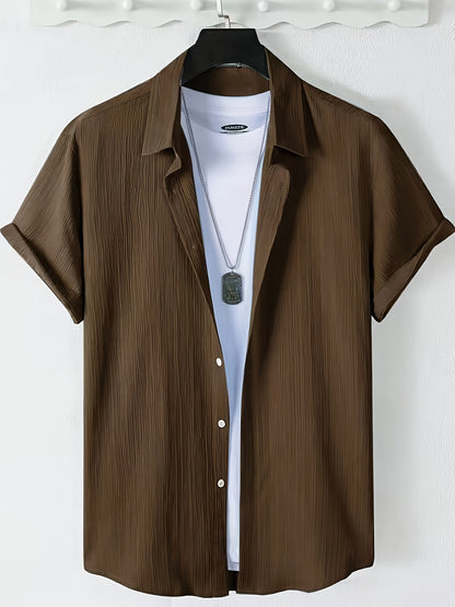 Men's Casual Button-Front Shirt with Lapel Collar, Lightweight Polyest