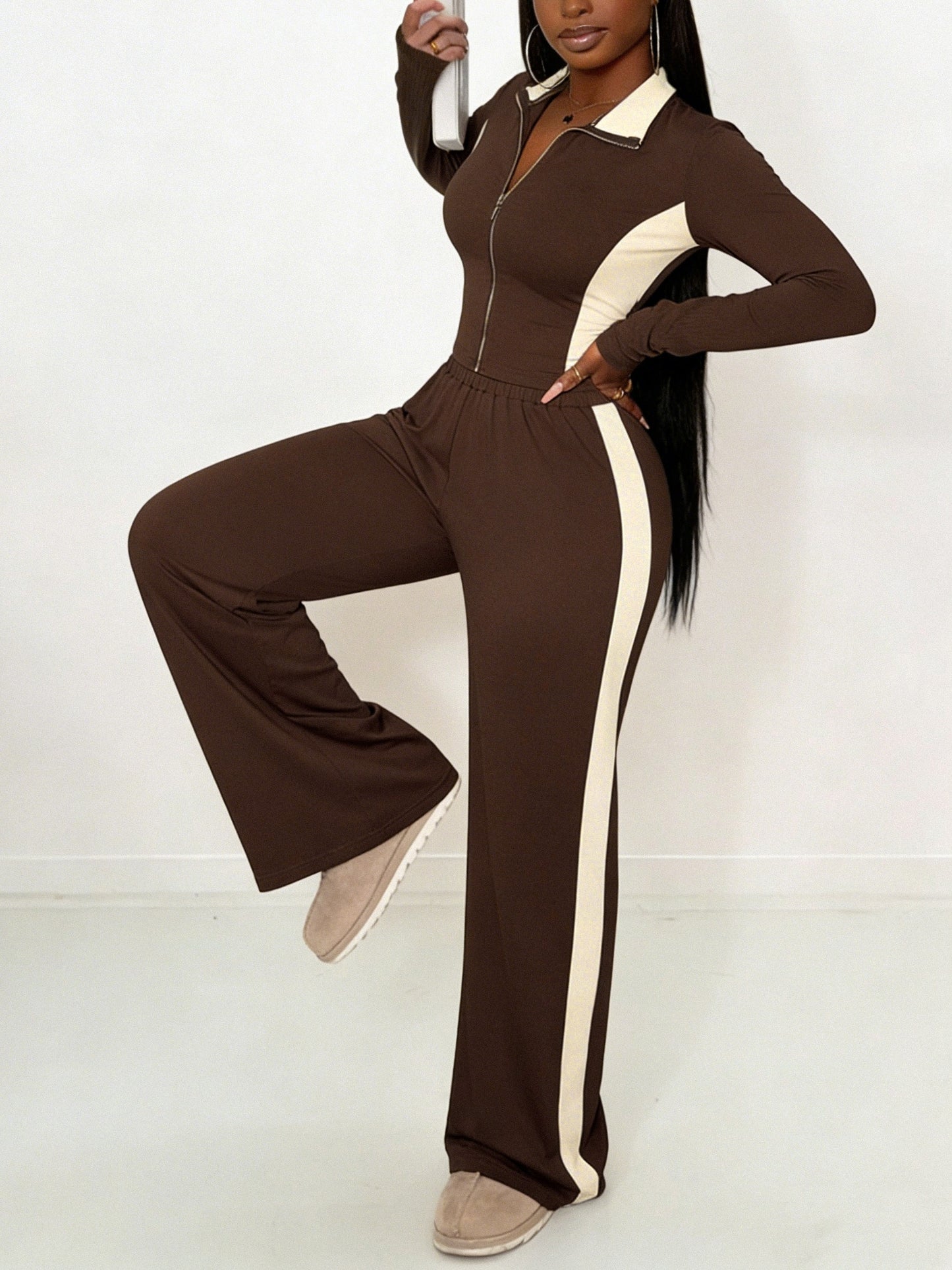 Women's Fashion Two-Piece Set, Stylish and Versatile Brown and White Contrast Color Slim-Fit Zip-Up Top + Side Stripe Pants Set - ayq