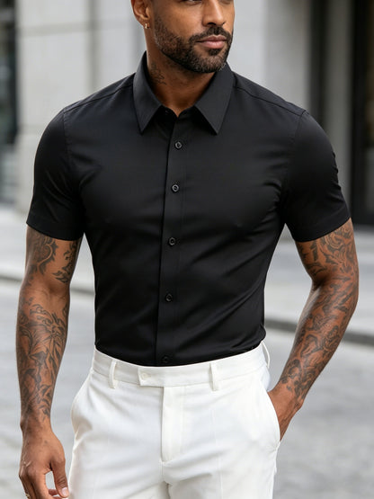 Men's Summer Slim Fit Short Sleeve Lapel Shirt Cotton Blend