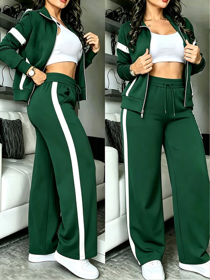 Women's Color-Block Casual Zipper Jacket & Wide-Leg Pants Set