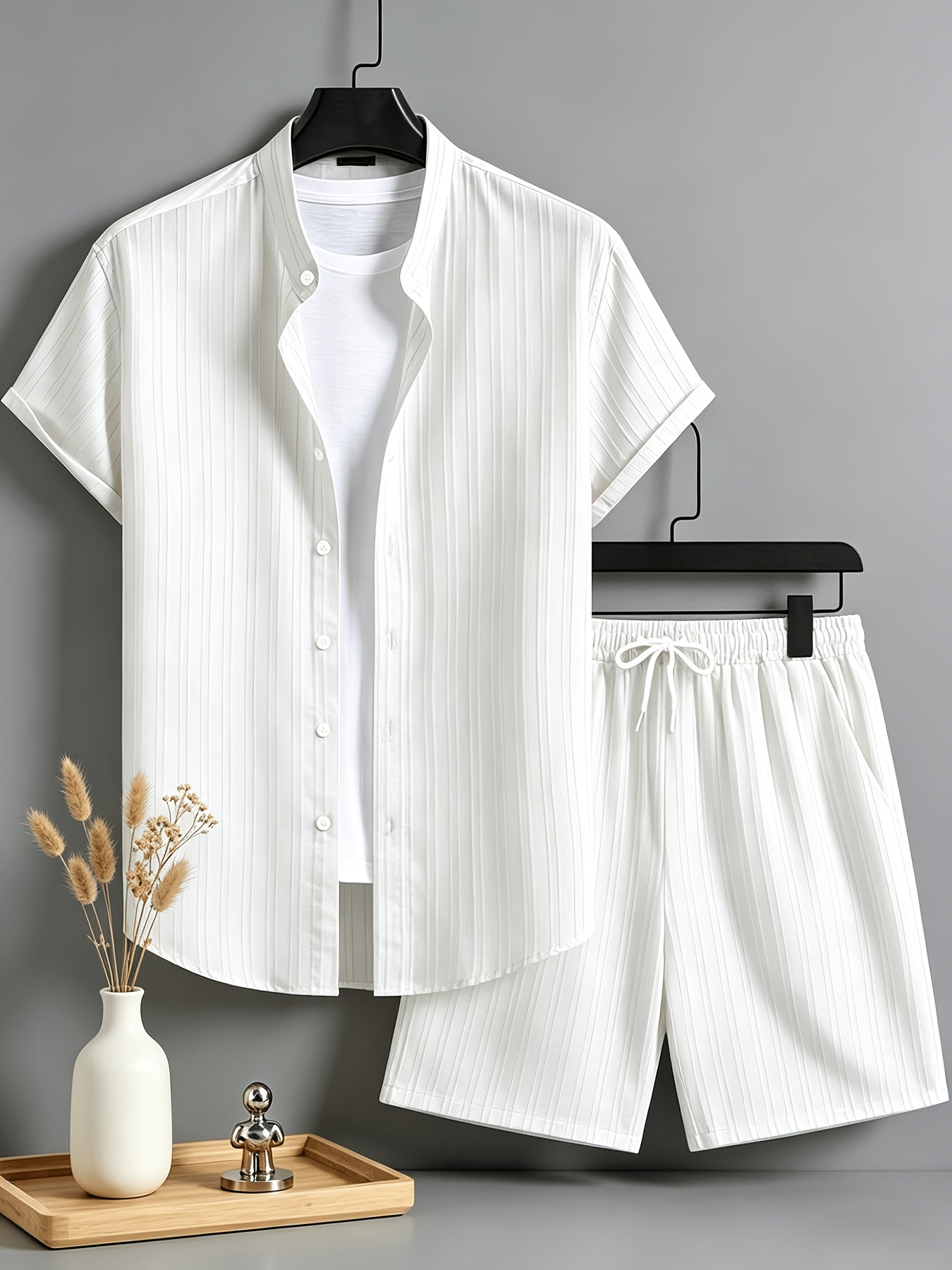 Men's Casual Short Sleeve Shirt and Drawstring Shorts Set