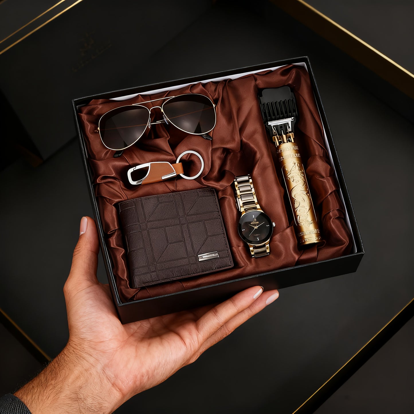 5 հատ տղամարդու գործնական և առօրյա ժամացույցների հավաքածու՝ դրամապանակով, մազ կտրիչով, բանալիի շղթայով, նորաձև ակնոցներով և ժամացույցով - մինիմալիստական ​​գործնական ժամացույցների հավաքածու էլեգանտ նվերային տուփով